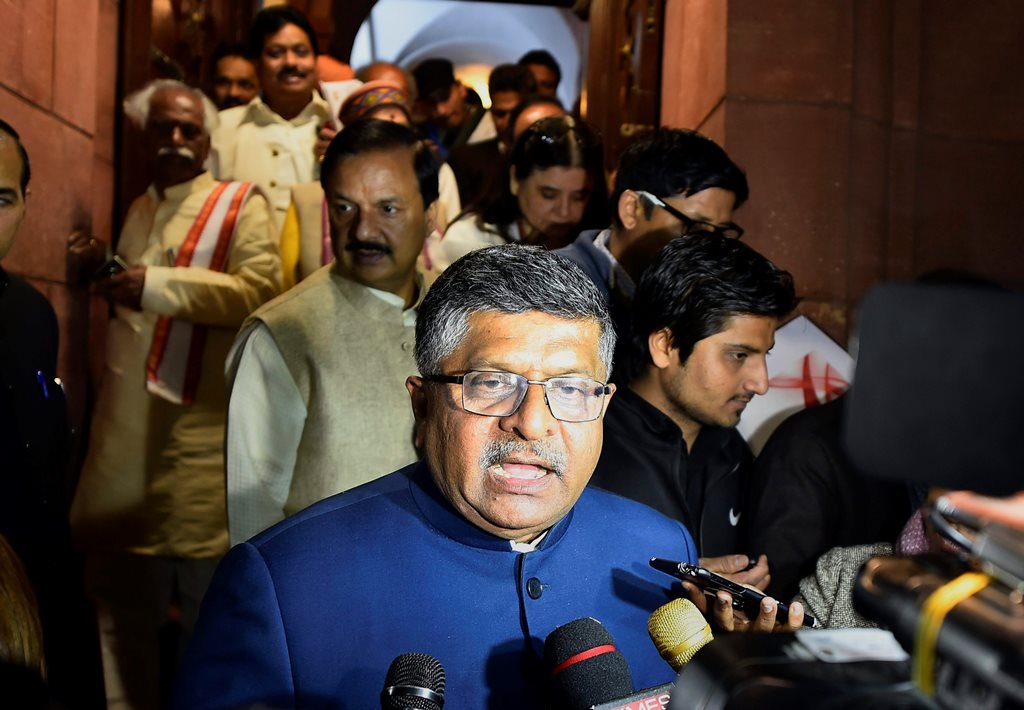 New Delhi: Law Minister Ravi Shankar Prasad speaks to media after the passage of Muslim Women (Protection of Rights of Marriage) Bill, 2017 by the Lok Sabha, outside Parliament in New Delhi on Thursday. PTI Photo by Kamal Singh (PTI12_28_2017_000162B)