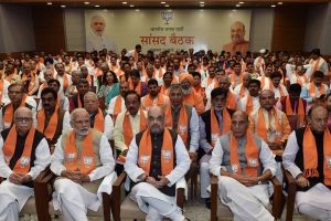 New Delhi: Prime Minister Narendra Modi with BJP leaders Amit Shah, Rajnath Singh, Lal Krishna Advani, Arun Jaitley and others during BJP Parliamentary meeting at the party headquarters in New Delhi on Friday. PTI Photo By Manvender Vashist(PTI3_23_2018_000195B)