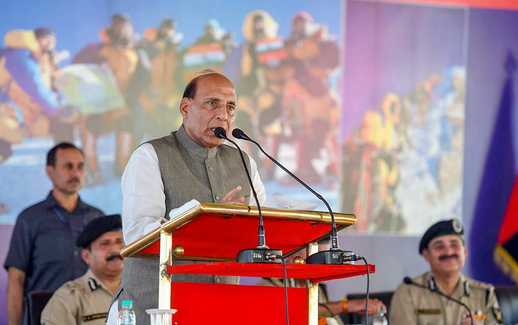 New Delhi: Union Home Minister Rajnath Singh addresses during the felicitation ceremony of 2nd BSF Mount Everest expedition, in New Delhi on Tuesday, June 05, 2018. (PTI Photo/Arun Sharma)(PTI6_5_2018_000168B)