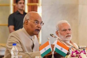 New Delhi: President Ram Nath Kovind speaks as Prime Minister Narendra Modi looks on, during the second day of the Conference of Governors at Rashtrapati Bhavan, in New Delhi on Tuesday, June 05, 2018. (PTI Photo/RB) (PTI6_5_2018_000087B)