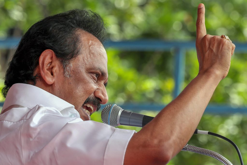 Salem: DMK leader MK Stalin addresses party members during a protest as they demand the resignation of two ministers of ruling AIADMK party, in Salem, Tuesday, Sept 18, 2018. (PTI Photo) (PTI9_18_2018_000097B)
