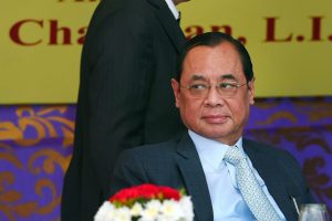 New Delhi: Chief Justice of India Justice Dipak Misra and CJI-designate Justice Ranjan Gogoi during the launch of SCBA Group Life Insurance policy, at the Supreme court lawns, in New Delhi, Tuesday, Sep 26, 2018. (PTI Photo/ Shahbaz Khan) (PTI9_26_2018_000111B)