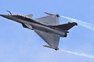 New Delhi: In this Feb 14, 2017 file picture a Rafale fighter aircraft flies past at the 11th edition of Aero India 2017, in Bengaluru. Chief of the Air Staff, Air Chief Marshal BS Dhanoa defended the Rafale purchase as "a game changer" at the annual Air Force press conference in New Delhi, Wednesday. (PTI Photo) (PTI10_3_2018_000110B)