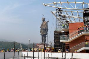 Kevadiya: Final touches being given to the Statue of Unity at Kevadiya Colony, about 200 kilometers from Ahmadabad, Thursday, October 18, 2018. The Statue of Unity, a 182-meters tall tribute to Indian freedom fighter Sardar Vallabhbhai Patel, will be inaugurated on Oct. 31 and is slated to be the world's tallest statue. (PTI Photo/Santosh Hirlekar) (PTI10_18_2018_000076B)