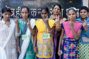 Jabalpur: Visually impaired women show their ink-marked fingers after casting votes for the Assembly elections, in Jabalpur, Madhya Pradesh, Wednesday, Nov 28, 2018. (PTI Photo) (PTI11_28_2018_000093)
