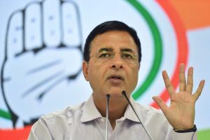 New Delhi: Congress spokesperson Randeep Singh Surjewala addresses a press conference over the alleged vandalization of Ishwar Chandra Vidyasagar’s statue during clashes between BJP and TMC workers, in New Delhi, Thursday, May 16, 2019. (PTI Photo/Arun Sharma)(PTI5_16_2019_000023B)