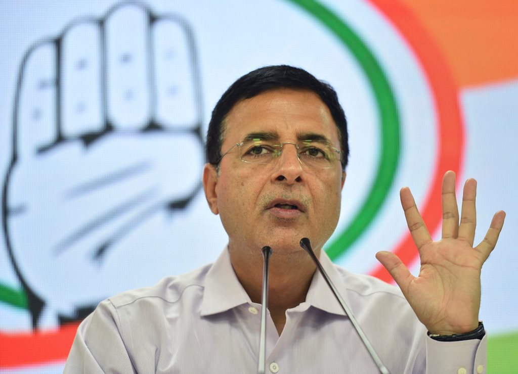 New Delhi: Congress spokesperson Randeep Singh Surjewala addresses a press conference over the alleged vandalization of Ishwar Chandra Vidyasagar’s statue during clashes between BJP and TMC workers, in New Delhi, Thursday, May 16, 2019. (PTI Photo/Arun Sharma)(PTI5_16_2019_000023B)
