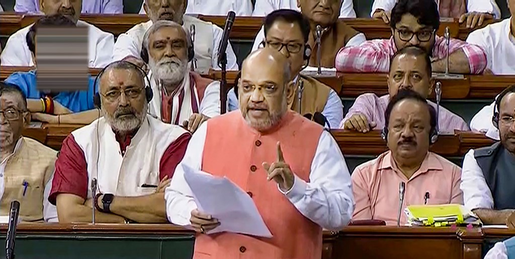 New Delhi: Union Home Minister Amit Shah speaks during the resolution on Kashmir in the Lok Sabha, in New Delhi, Tuesday, Aug 6, 2019. (LSTV/PTI Photo) (PTI8_6_2019_000028B)