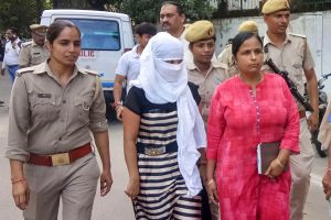 Shahjahanpur: The woman law student, who alleged BJP leader Chinmayanand of sexual misconduct and harassment, outside a local court in Shahjahanpur, Tuesday, Sept. 24, 2019. The court Tuesday admitted the anticipatory bail plea of her after she was booked for allegedly trying to extort money from him. (PTI Photo) (PTI9_24_2019_000129B)