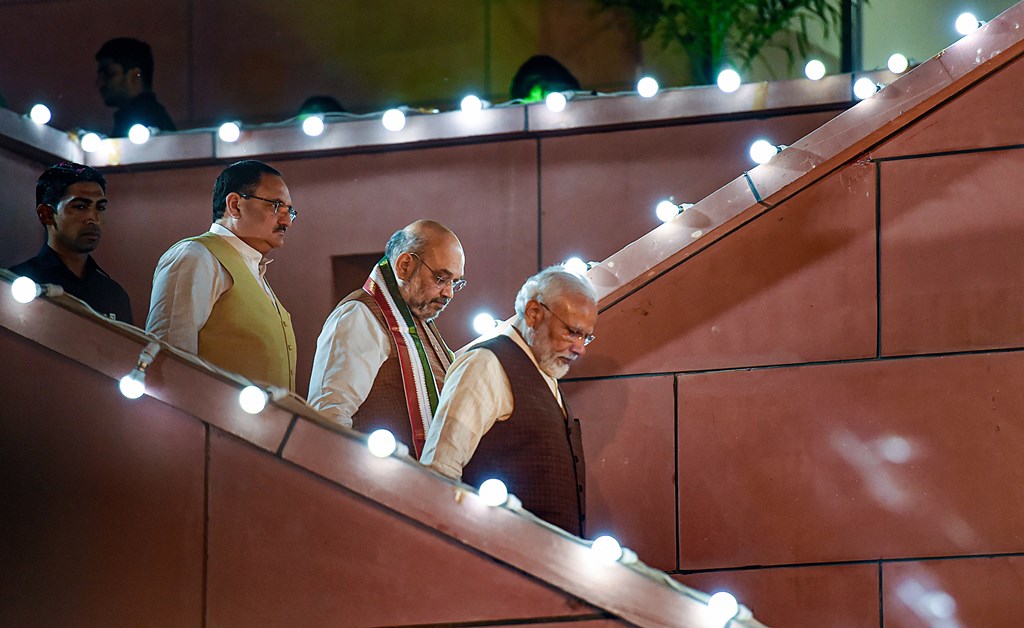New Delhi: Prime Minister Narendra Modi arrives to address his supporters after the party's victory in both Haryana and Maharashtra Assembly polls, at BJP HQ, in New Delhi, Thursday, Oct 24, 2019. BJP President Amit Shah and BJP Working President JP Nadda are also seen (PTI Photo/Atul Yadav)(PTI10_24_2019_000306B)