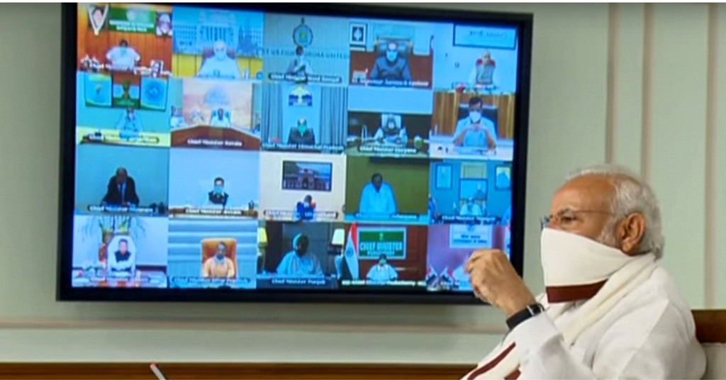 EDS PLS TAKE NOTE OF THIS PTI PICK OF THE DAY:::::::: **EDS: VIDEO GRAB** New Delhi: Prime Minister Narendra Modi wearing a protective mask chairs a meeting with chief ministers on COVID-19 lockdown via video conference, in New Delhi, Saturday, April 11, 2020. (PTI Photo) (PTI11-04-2020_000045B)(PTI11-04-2020_000222B)