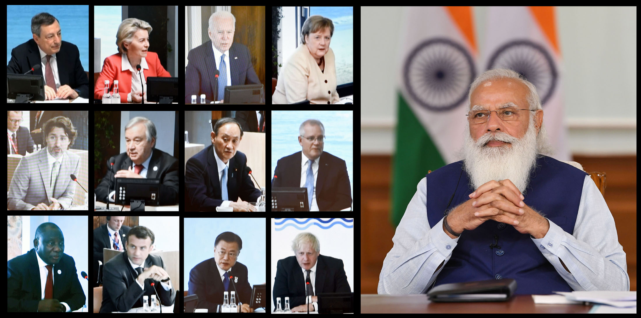 बीते 13 जून को जी 7 की बैठक में वीडियो कॉन्फ्रेंसिंग के जरिये शामिल हुए प्रधानमंत्री नरेंद्र मोदी. (फोटो: पीआईबी)