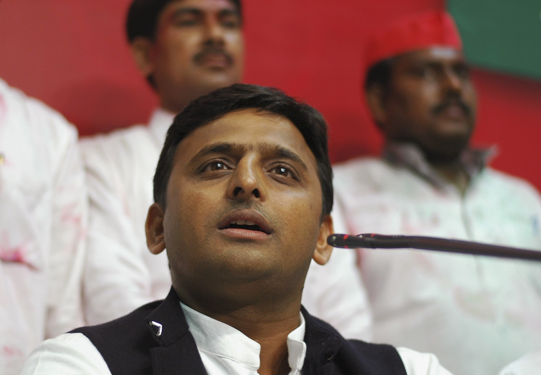 Akhilesh Yadav, state party president and son of the Samajwadi Party President Mulayam Singh Yadav, speaks during a news conference at their party headquarters in the northern Indian city of Lucknow March 6, 2012. India's Congress party trailed in fourth place as vote counting neared its end in Uttar Pradesh on Tuesday, a bitter election blow to Rahul Gandhi who had staked his political future on reviving his party's fortunes in the populous northern state. The runaway winner was the socialist Samajwadi Party, which means former wrestler Mulayam Singh Yadav will become chief minister for a fourth term since 1989, ousting the flamboyant lower-caste leader Mayawati. REUTERS/Stringer (INDIA - Tags: POLITICS ELECTIONS) - RTR2YX69