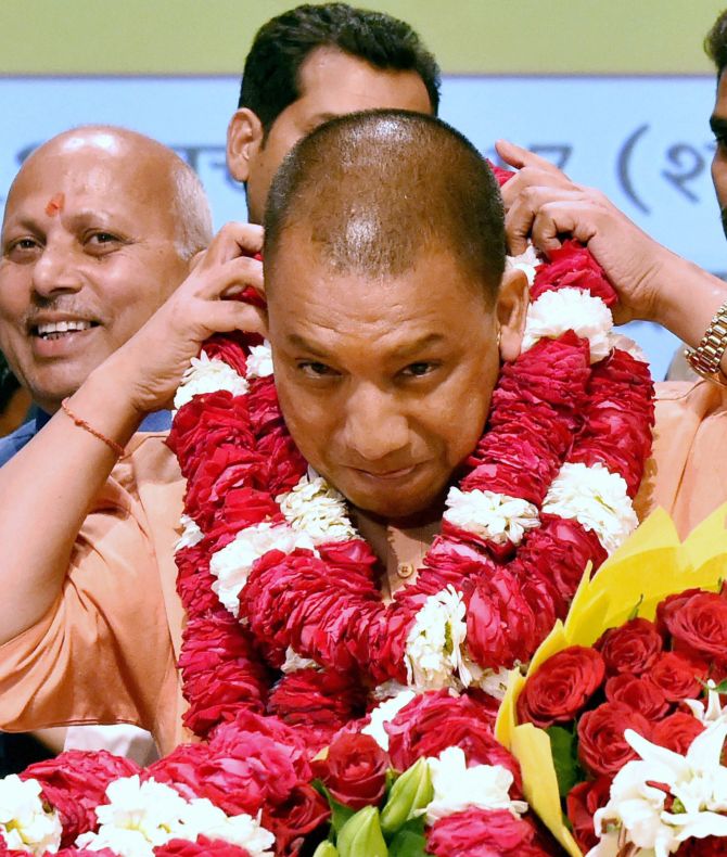 Lucknow: Yogi Adityanath elected leader of the BJP Legislature Party in Lucknow on Saturday.PTI Photo BY Nand kumar (PTI3_18_2017_000172B)