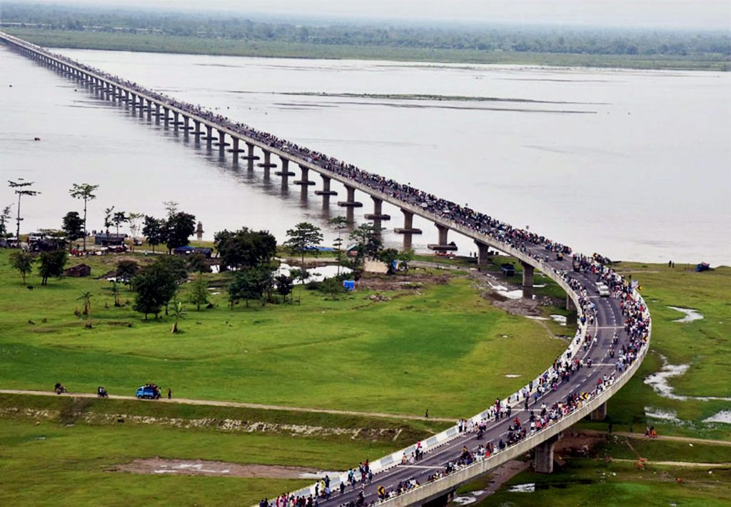 Sadia: An aerial view of the newly inaugurated Dhola-Sadia bridge across River Brahmaputra in Assam on Friday. PTI Photo (PTI5_26_2017_000125A)