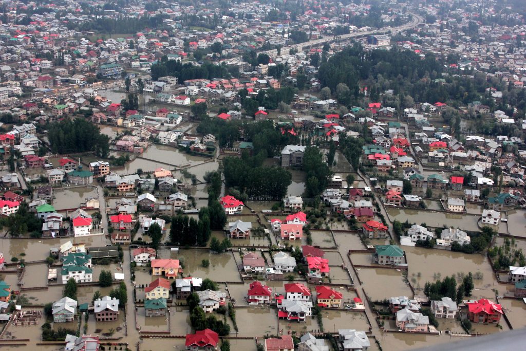 An aerial view of flood affected areas of Srinagar taken from an IAF helicopter, on September 09, 2014.
