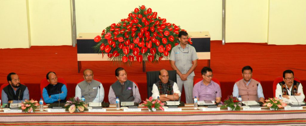 The Union Home Minister, Shri Rajnath Singh chairing a review meeting on Indo-Myanmar border issues, in Aizawl, Mizoram on June 12, 2017. The Chief Minister of Mizoram, Shri Pu Lalthanhawla, the Chief Minister of Manipur, Shri N. Biren Singh, the Chief Minister of Arunachal Pradesh, Shri Pema Khandu and the Minister of State for Home Affairs, Shri Kiren Rijiju are also seen.