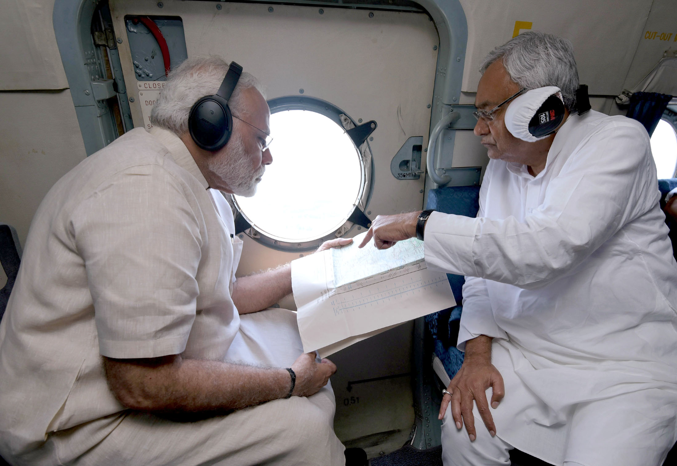 The Prime Minister, Shri Narendra Modi and the Chief Minister of Bihar, Shri Nitish Kumar conducting an aerial survey of flood affected areas, in Bihar on August 26, 2017.