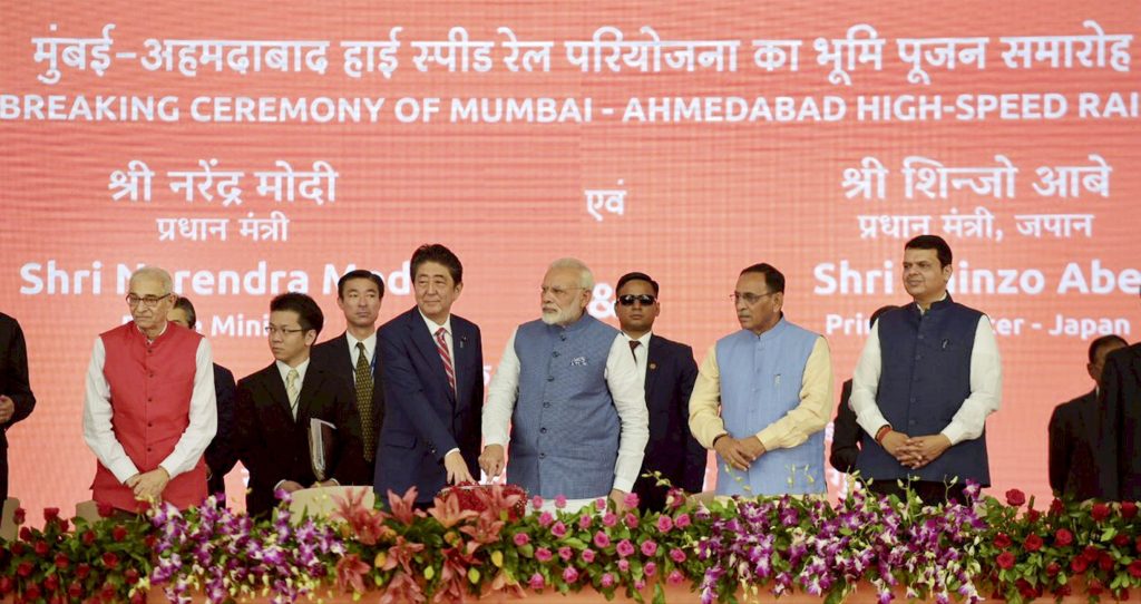 Ahmedabad: Prime Minister Narendra Modi and his Japanese counterpart Shinzo Abe during the ground breaking ceremony for high speed rail project in Ahmedabad on Thursday. PTI Photo/ pib(PTI9_14_2017_000043A) *** Local Caption ***