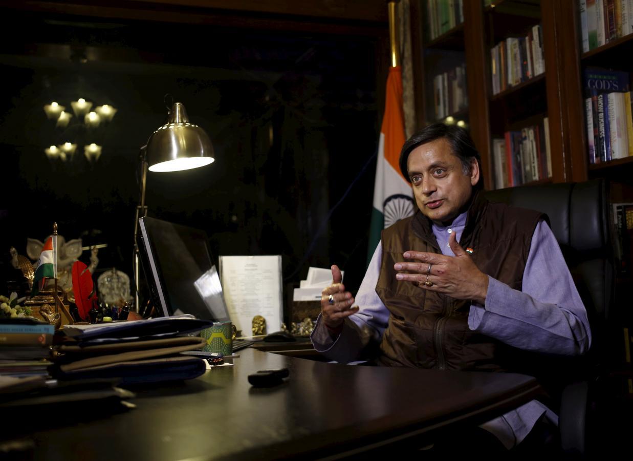 Shashi Tharoor, a member of parliament from India's main opposition Congress party, speaks during an interview with Thomson Reuters Foundation at his office in New Delhi, India, January 25, 2016.  REUTERS/Anindito Mukherjee