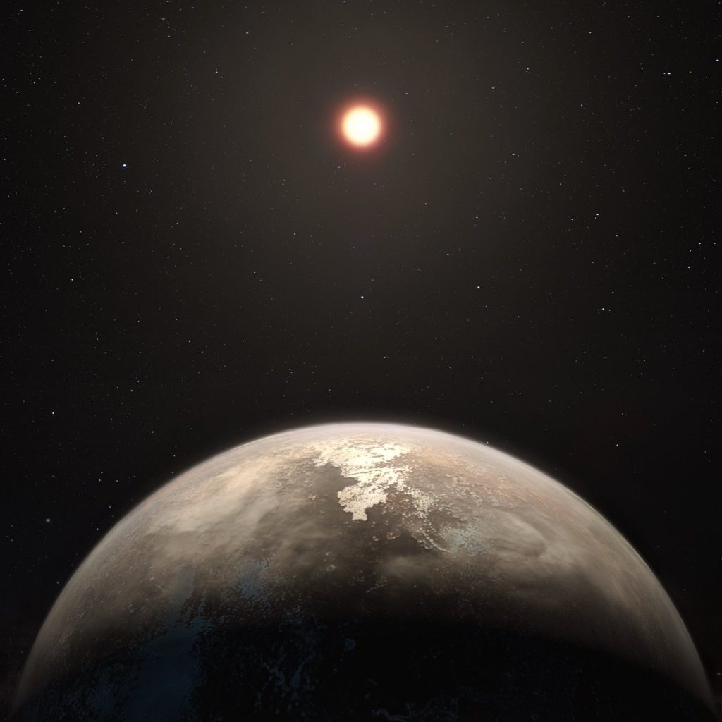 This artist’s impression shows the temperate planet Ross 128 b, with its red dwarf parent star in the background. This planet, which lies only 11 light-years from Earth, was found by a team using ESO’s unique planet-hunting HARPS instrument. The new world is now the second-closest temperate planet to be detected after Proxima b. It is also the closest planet to be discovered orbiting an inactive red dwarf star, which may increase the likelihood that this planet could potentially sustain life. Ross 128 b will be a prime target for ESO’s Extremely Large Telescope, which will be able to search for biomarkers in the planet's atmosphere.
