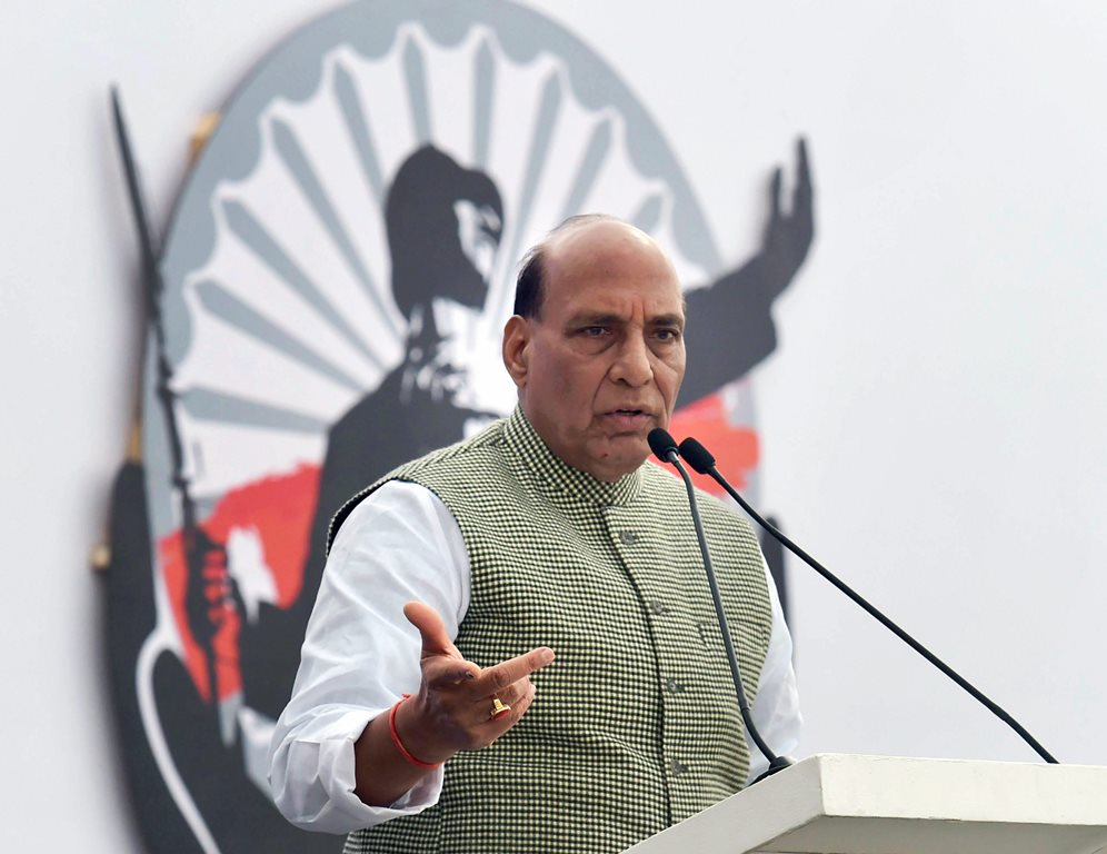 New Delhi: Union Home Minister Rajnath Singh speaks at the launch of ‘Bharat Ke Veer anthem at an event in New Delhi on Saturday. PTI Photo by Atul Yadav(PTI1 20 2018 000040B)