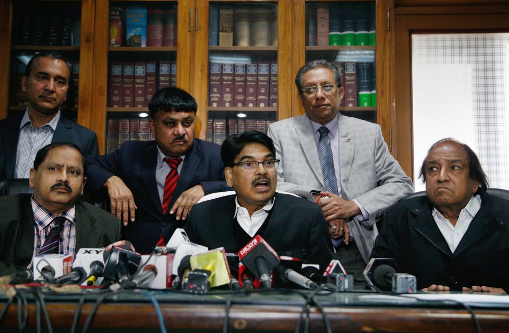 New Delhi: Bar Council of India Chairman Manan Kumar Mishra with other members addresses a press conference in New Delhi on Monday. PTI Photo (PTI1_15_2018_000129B)
