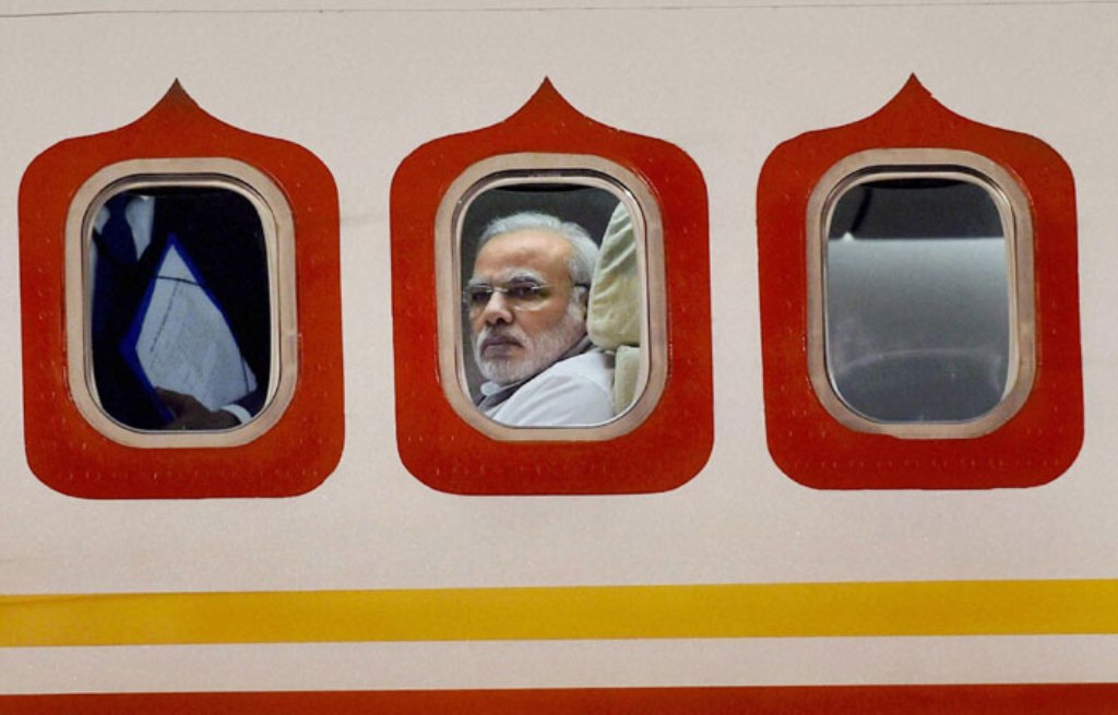 Narendra Modi on his special aircraft as he arrives at Brasilia International Airport in Brazil in 2015. Photograph: PTI