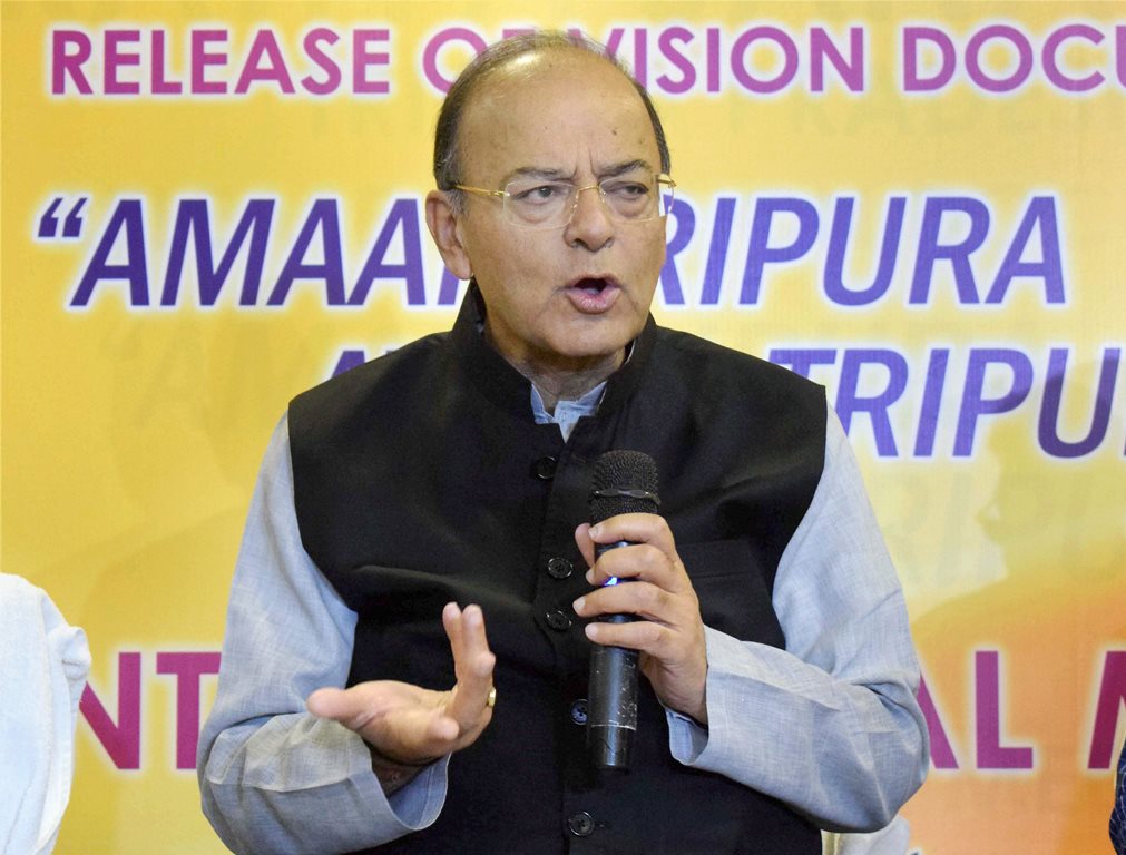 Agartala: Senior BJP leader and Finance Minister Arun Jaitley speaks at the release of the party's vision document for the Assembly polls in Agartala on Sunday. PTI Photo (PTI2_11_2018_000129B)