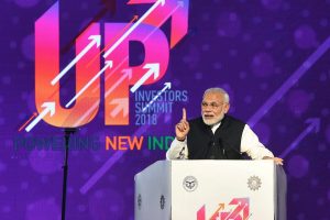 Lucknow: Prime Minister Narendra Modi speaks at the inauguration of the UP Investors Summit 2018, in Lucknow on Wednesday. PTI Photo by Nand Kumar (PTI2_21_2018_000099B)