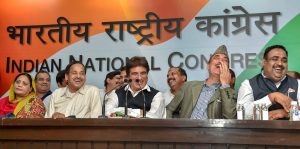 New Delhi: Expelled BSP leader Naseemuddin Siddiqui, Congress party UP President Raj Babbar, senior leader Gulam Nabi Azad and others share a lighter moment at AICC Headquarters on Thursday. PTI Photo by Manvender Vashist(PTI2_22_2018_000184B)