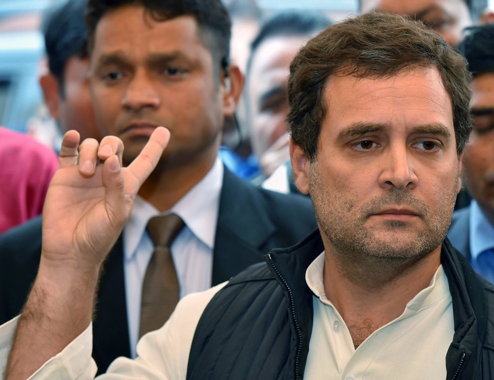 New Delhi: Congress president Rahul Gandhi speaks to media at parliament during the Budget Session, in New Delhi on Wednesday. PTI Photo by Kamal Kishore (PTI2_7_2018_000084B)