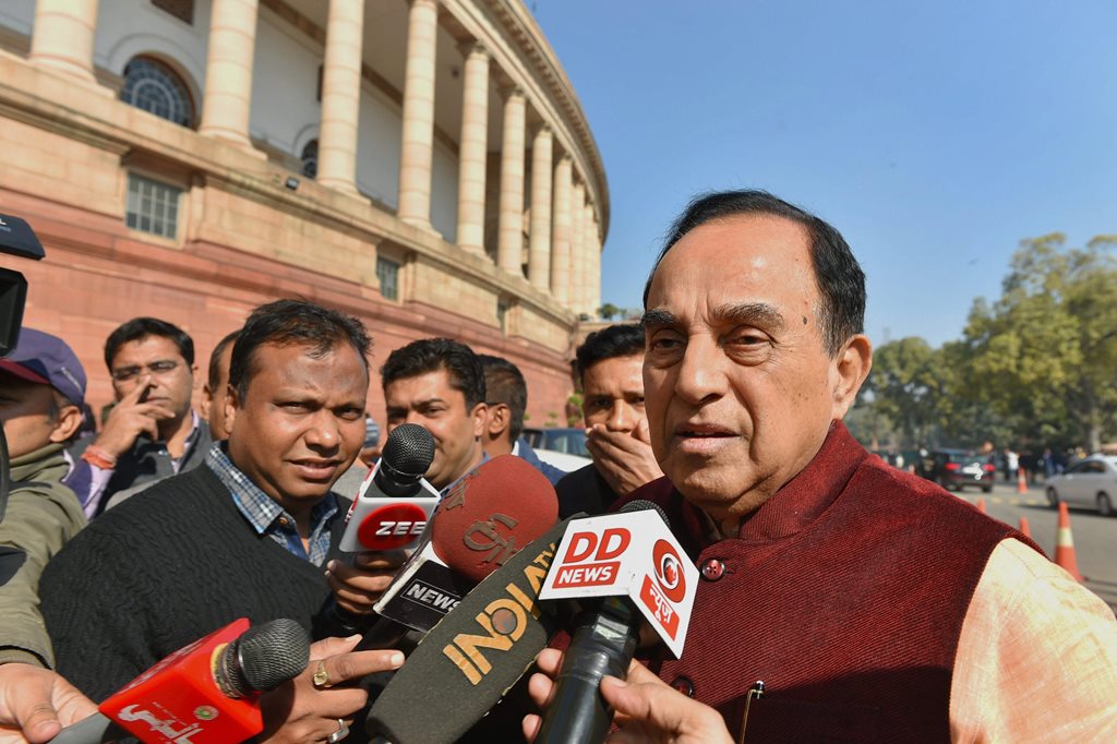 New Delhi: BJP MP Subramanian Swamy speaks to media during the ongoing budget-session iin New Delhi on Wednesday. PTI Photo by Kamal Kishore (PTI2_7_2018_000148B)