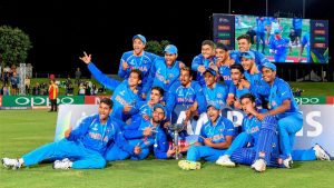 Mount Maunganui: Indian team players pose for photographs with the trophy as they jubilate after winning the ICC Under-19 Cricket World Cup finals in Mount Maunganui on Saturday. India beat Australia by eight wickets to win record fourth U-19 World Cup. (ICC via PTI Photo) (PTI2_3_2018_000096B)