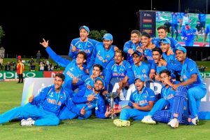 Mount Maunganui: Indian team players pose for photographs with the trophy as they jubilate after winning the ICC Under-19 Cricket World Cup finals in Mount Maunganui on Saturday. India beat Australia by eight wickets to win record fourth U-19 World Cup. (ICC via PTI Photo) (PTI2_3_2018_000096B)