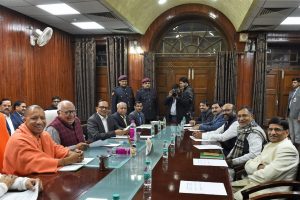 Lucknow: Uttar Pradesh Chief Minister Yogi Adityanath and Assembly Speaker HN Dixit along with others during an all-party meeting ahead of Budget Session of state assembly in Lucknow on Wednesday. PTI Photo by Nand Kumar (PTI2_7_2018_000166B)