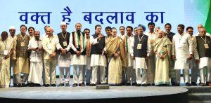 New Delhi: Congress president Rahul Gandhi with steering committee members during the second day of the 84th Plenary Session of Indian National Congress (INC), at Indira Gandhi stadium in New Delhi on Sunday. PTI Photo by Vijay Verma (PTI3_18_2018_000164B)