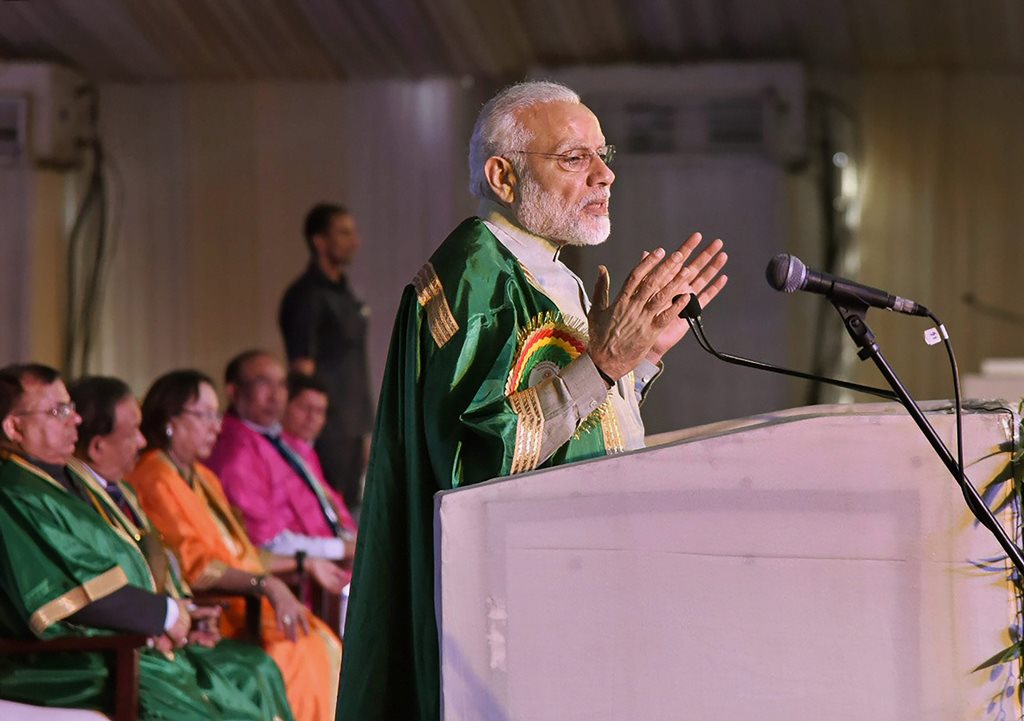 Imphal: Prime Minister Narendra Modi delivers the inaugural address at the 105th session of Indian Science Congress at Manipur University in Imphal on Friday. PTI Photo/ PIB (PTI3_16_2018_000100B)