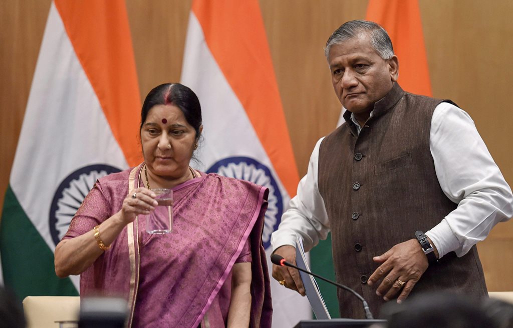 EDS PLS TAKE NOTE OF THIS PTI PICK OF THE DAY:::::::: New Delhi : External Affairs Minister Sushma Swaraj with MoS for External Affairs VK Singh after a press conference over the death of 39 Indians who were kidnapped in Iraq, in New Delhi on Tuesday. PTI Photo by Subhav Shukla (PTI3_20_2018_000146A)(PTI3_20_2018_000165B)