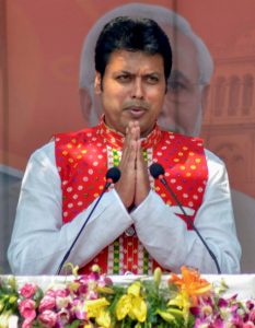 Agartala: Tripura BJP President Biplab Kumar Deb after being sworn-in as the 10th chief minister of the state, in Agartala on Friday. PTI Photo (PTI3 9 2018 000103B) *** Local Caption ***