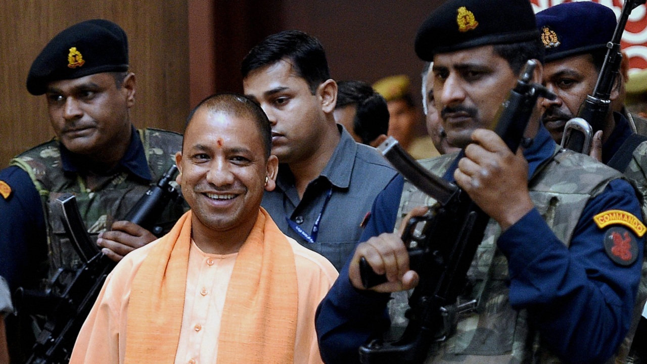 Lucknow: UP Chief Minister Yogi Adityanath coming out after the cabinet meeting at Lok Bhawan in Lucknow on Tuesday. PTI Photo by Nand Kumar (PTI4_4_2017_000182B)