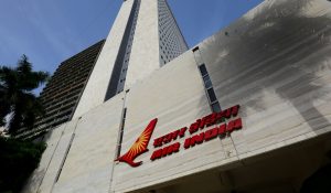 The Air India logo is seen on the facade of its office building in Mumbai, India, July 7, 2017. Credit: Reuters/Danish Siddiqui