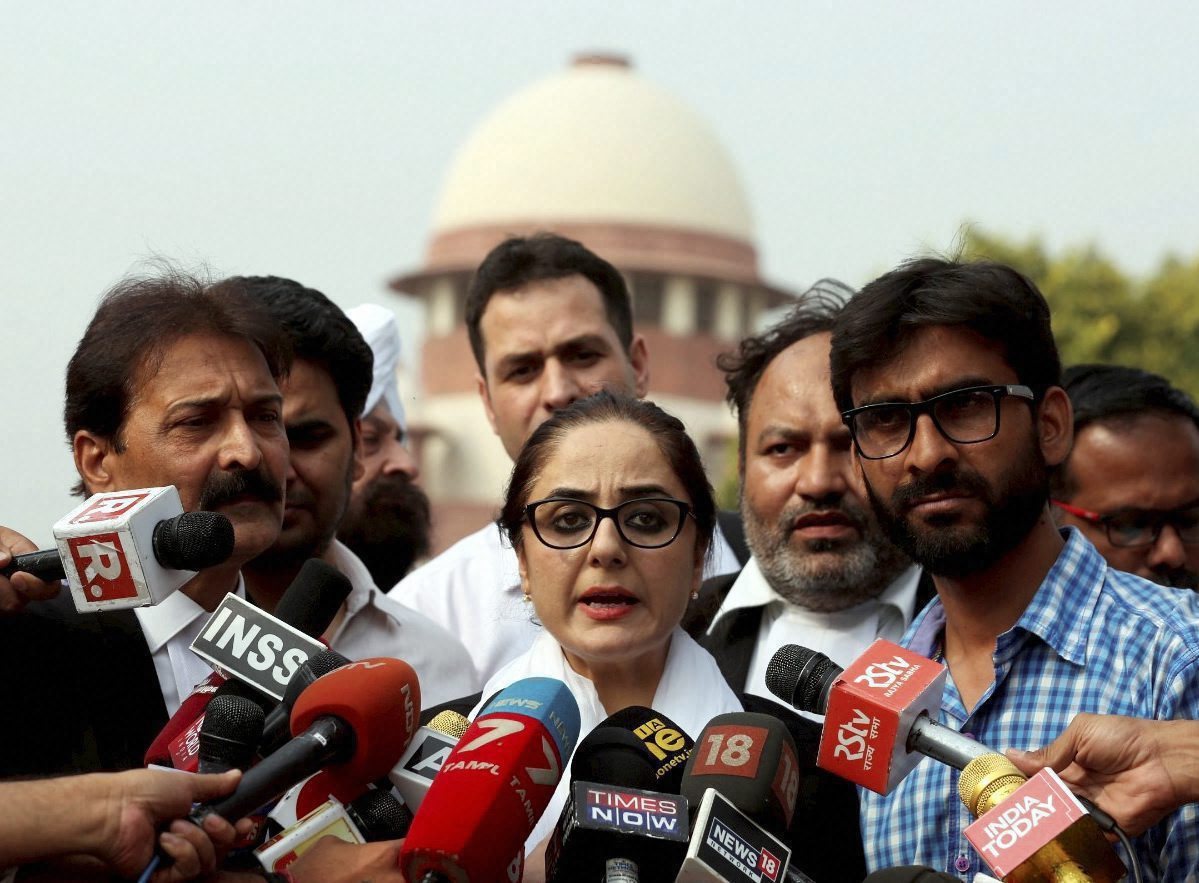 New Delhi: Kathua rape case victim's lawyer Deepika Singh Rajawat addressing to media at Supreme court after the petition for shifting the case from J-K to Supreme court, in New Delhi on Monday.PTI Photo(PTI4_16_2018_000200B)
