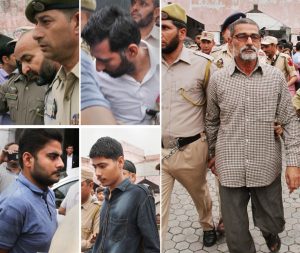 Jammu: **COMBO** Prime accused Sanji Ram (R) and other accused of Kathua rape and murder case, being produced in District Court in Kathua, about 85km from Jammu on Monday. PTI Photo (PTI4_16_2018_000037B)