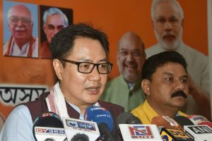 Guwahati: Union Minister of State for Home Affairs Kiren Rijiju addressing a press conference in Guwahati on Saturday. Assam state BJP president Ranjit Das is also seen. PTI Photo (PTI4_7_2018_000050B)