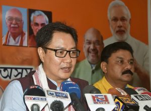 Guwahati: Union Minister of State for Home Affairs Kiren Rijiju addressing a press conference in Guwahati on Saturday. Assam state BJP president Ranjit Das is also seen. PTI Photo (PTI4_7_2018_000050B)