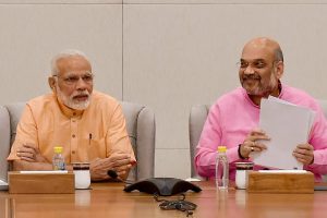 New Delhi: Prime Minister Narendra Modi and BJP President Amit Shah during BJP Election committee meeting at BJP Headquarters in New Delhi on Sunday. PTI Photo by Vijay Verma (PTI4_8_2018_000160B)