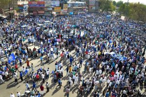 Jodhpur: Members of Dalit community and Bhim Sena stage a protest during 'Bharat Bandh' against the alleged 'dilution' of the Scheduled Castes and the Scheduled Tribes Act by Supreme court, in Jodhpur on Monday. PTI Photo(PTI4_2_2018_000047B)