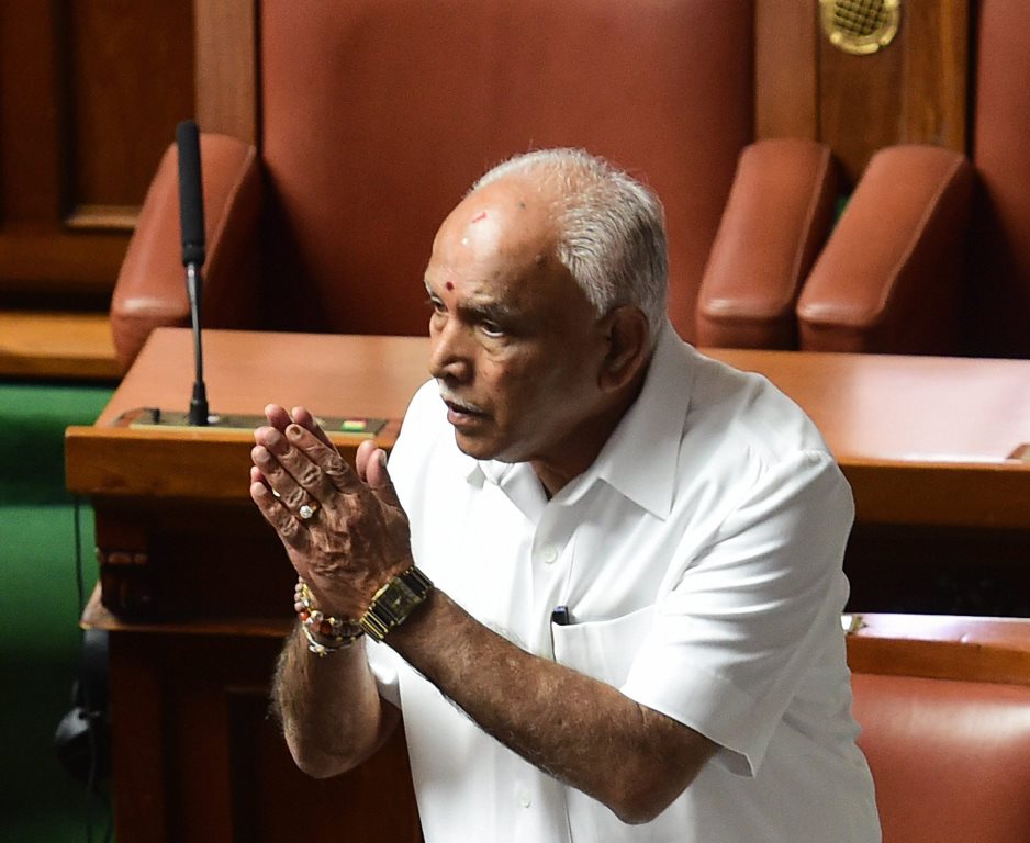 Bengaluru: Karnataka Chief Minister B S Yediyurappa arrives at the oath-taking ceremony of the newly elected members of the house at Vidhana Soudha, in Bengaluru, on Saturday. Supreme Court has ordered Karnataka BJP Government to prove their majority in a floor test at the Assembly .(PTI Photo/Shailendra Bhojak) (PTI5_19_2018_000071B)
