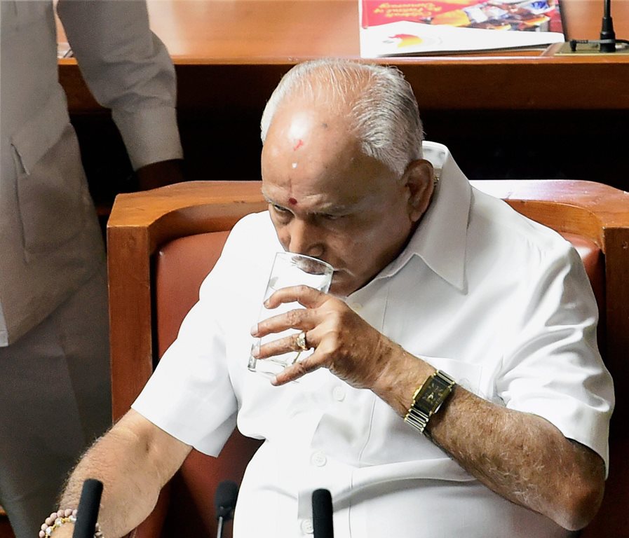 Bengaluru: Karnataka Chief Minister B S Yediyurappa at oath-taking ceremony of newly elected members of Assembly house, at Vidhana Soudha, in Bengaluru, on Saturday. Supreme Court has ordered Karnataka BJP Government to prove their majority in a floor test at the Assembly .(PTI Photo/Shailendra Bhojak) (PTI5_19_2018_000082B)